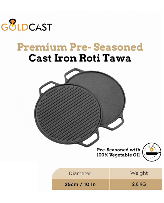 GOLDCAST Pre-Seasoned Cast Iron 2 in 1 Grill and Griddle Pan Tawa
