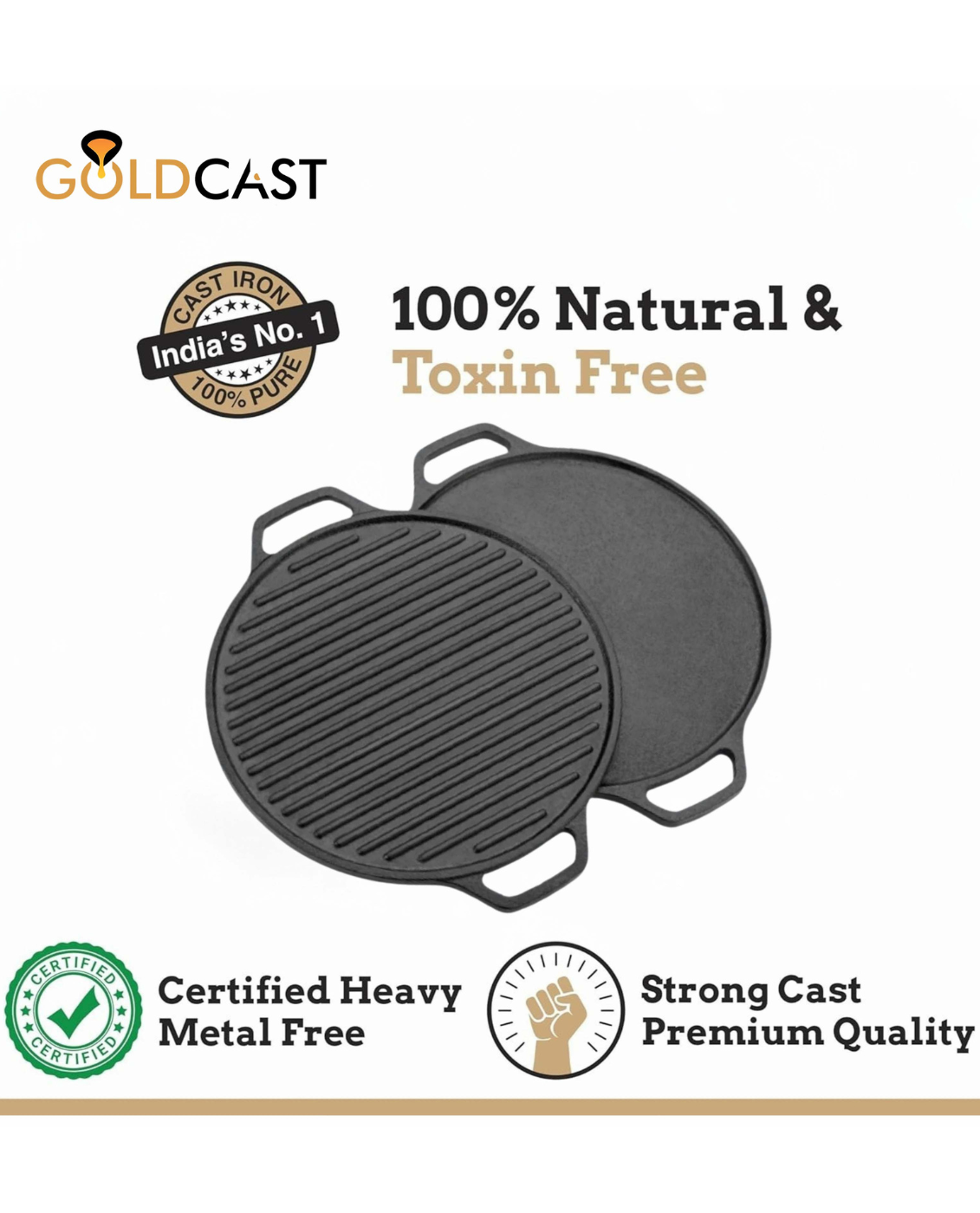 GOLDCAST Pre-Seasoned Cast Iron 2 in 1 Grill and Griddle Pan Tawa